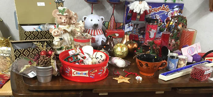 Reused Christmas decorations on a table