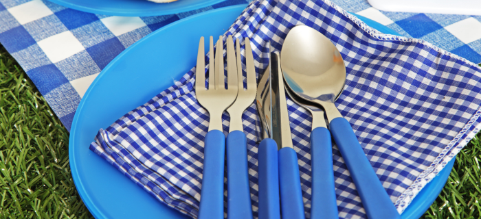 A picnic plate laid with reusable cutlery on top of a blue and white check cloth napkin.
