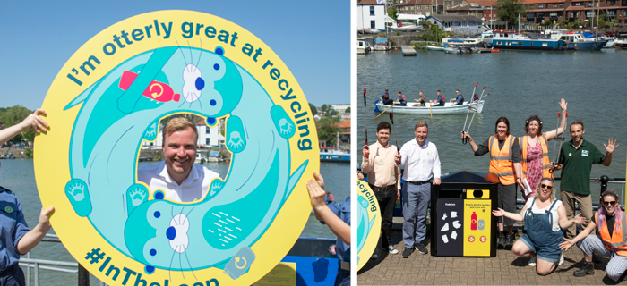 A collage of two photos: First photo shows Kye Dudd, Cabinet Member for Climate, Ecology, Waste and Energy pokes his heads out of an In The Loop selfie board. The board says "I'm otterly great at recycling" Second photo shows a group of launch day event attendees posing happily by a new bin