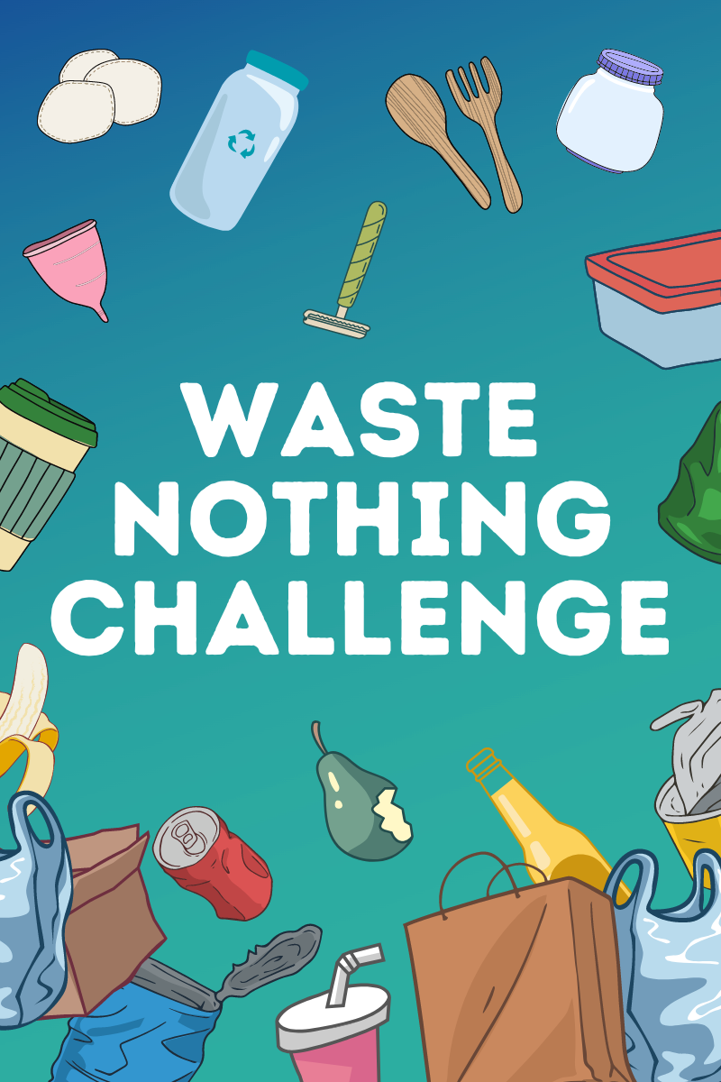The words 'Waste Nothing Challenge' surrounded by illustrations of reusable and single use items such as lunch boxes, water bottles, drinks cans, food and bags,