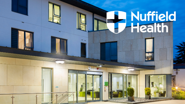 Outside of hospital with Nuffield Health Logo