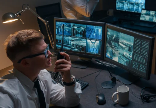 Man with walkie-talkie in front of recording from security cameras