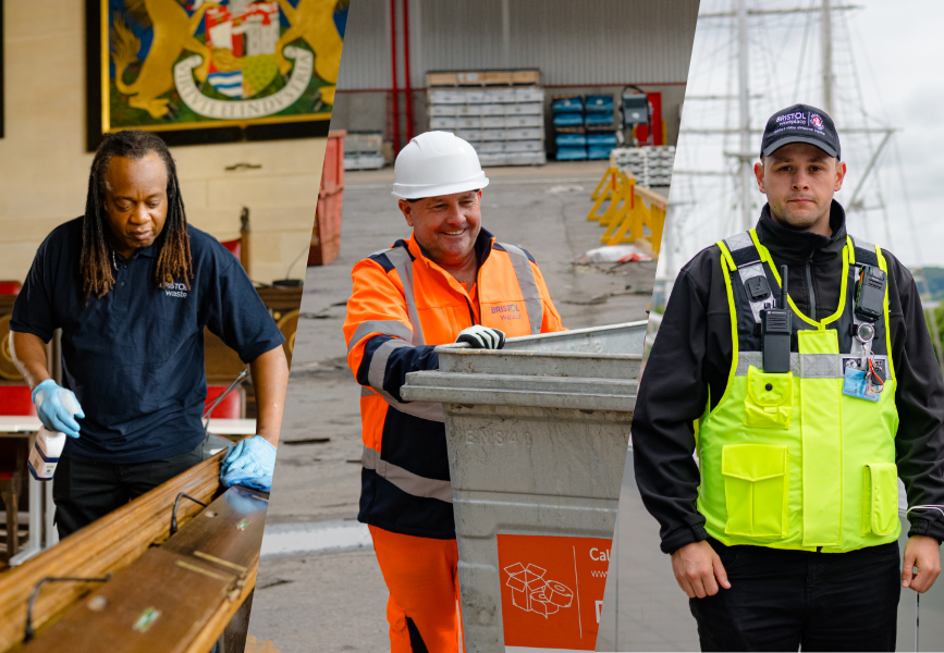 Three men, one is a cleaner, one is moving a dustbin and one is dressed as a security guard