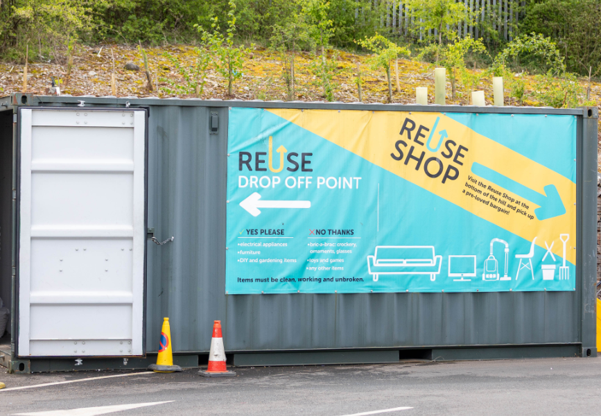 Container with Reuse shop donation banner