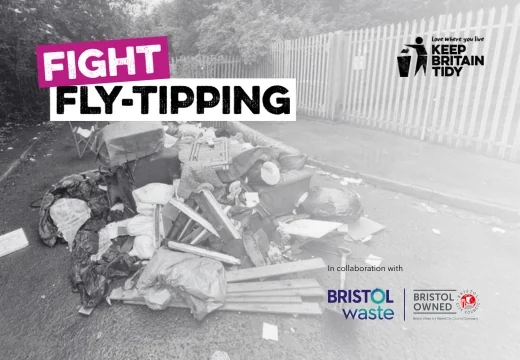 Pile of fly-tipped rubbish on a country road. Text: ‘Fight Fly-tipping