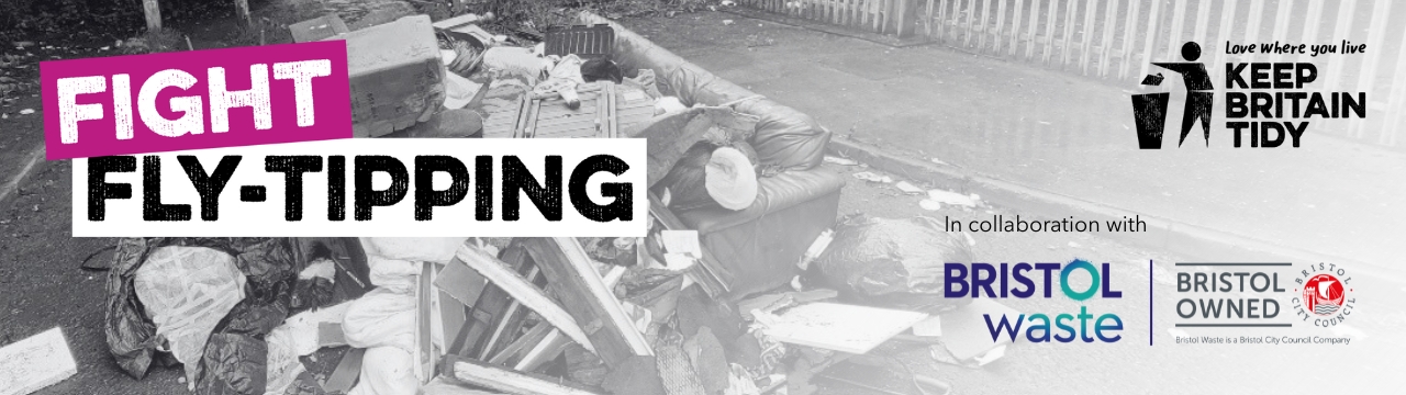 Pile of fly-tipped rubbish on a country road. Text: ‘Fight Fly-tipping