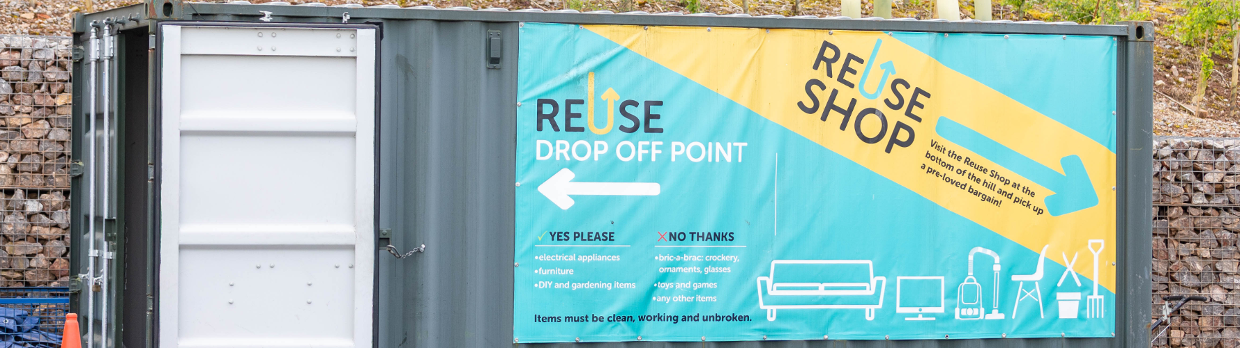 Container with Reuse shop donation banner