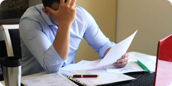 Man stressed holding paperwork