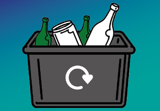 a black recycling box with glass bottles and jars inside